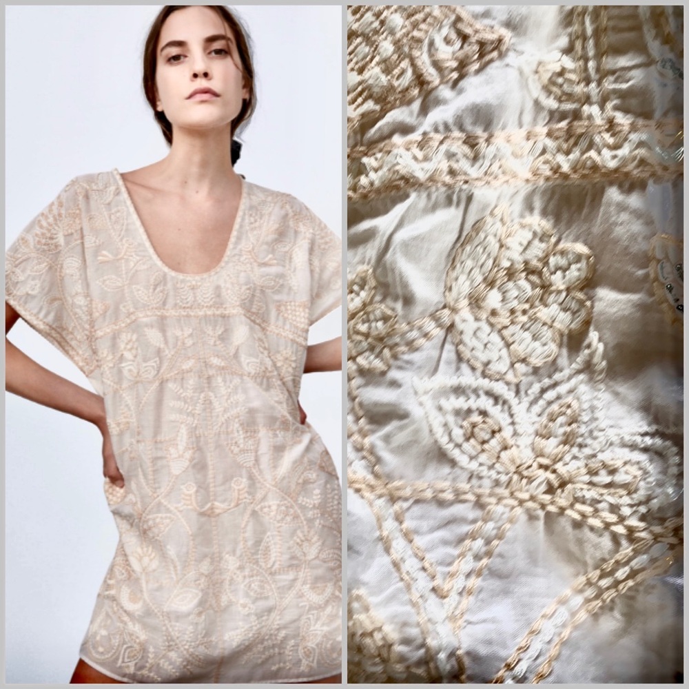 Zara embroidered blouse, ecru, tunic length medium, oversized